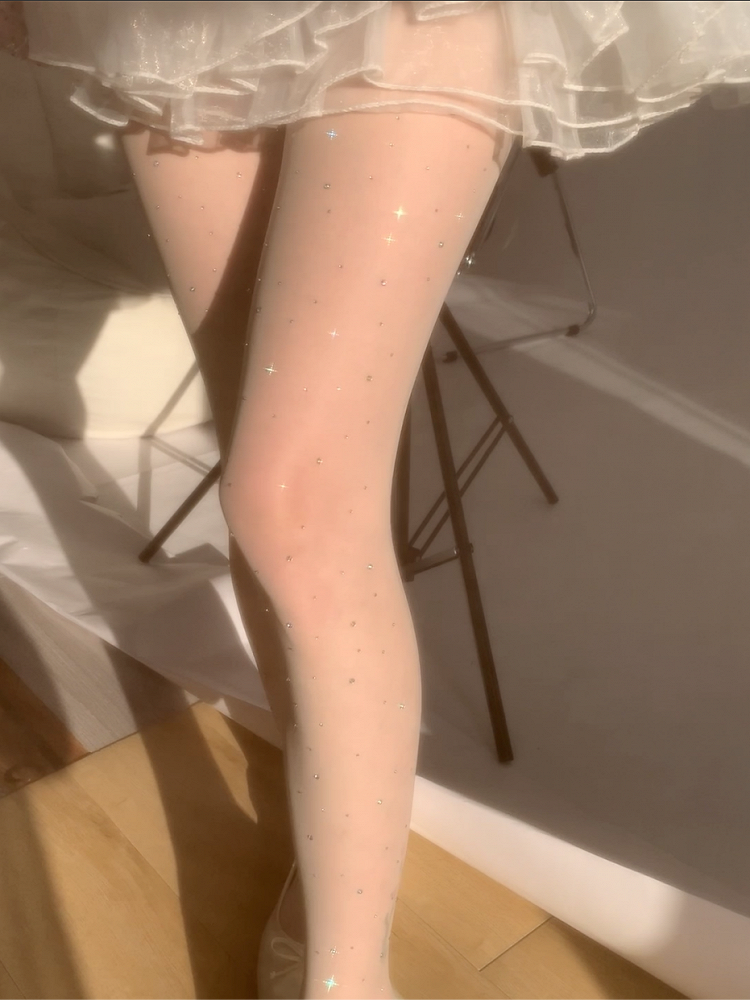 Nude/Cream Rhinestone Tights Details Sheer Sparkling White