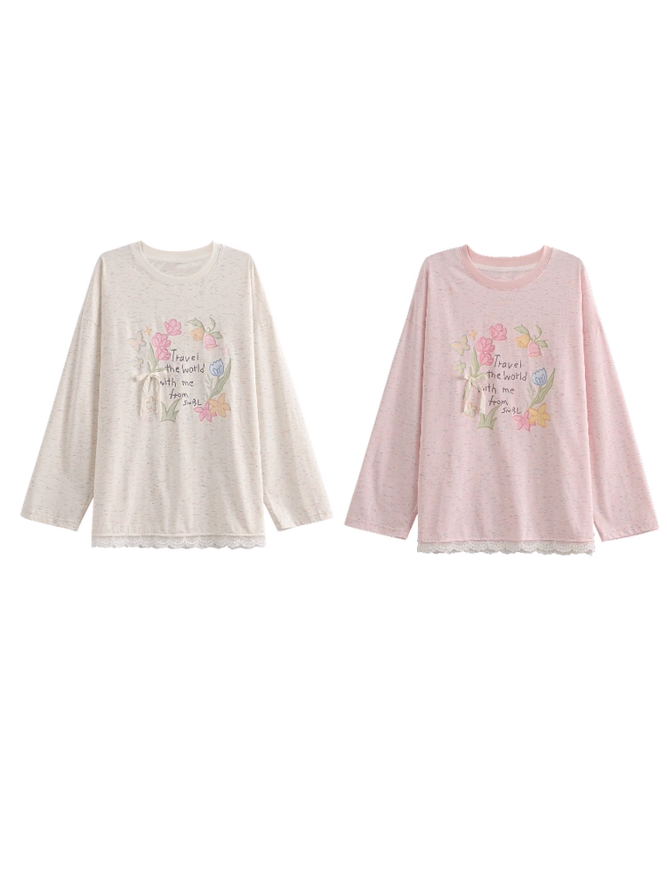 ラウンド型のスイートフローラルプリントレーストリムベージュ/ピンクネックトップ