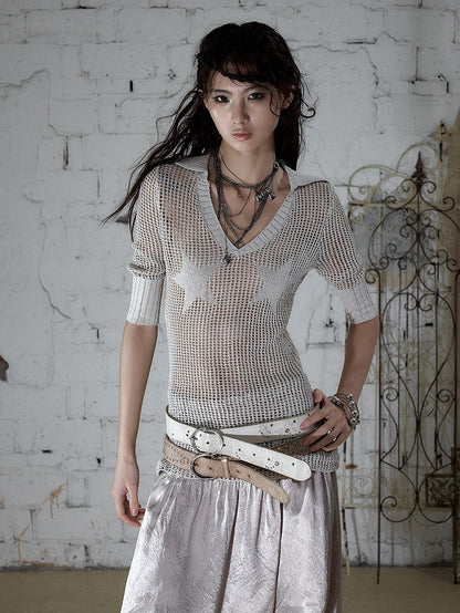 Off-White Star Pattern V-Neck Knit Top Hollow Out - NO ROMANCE