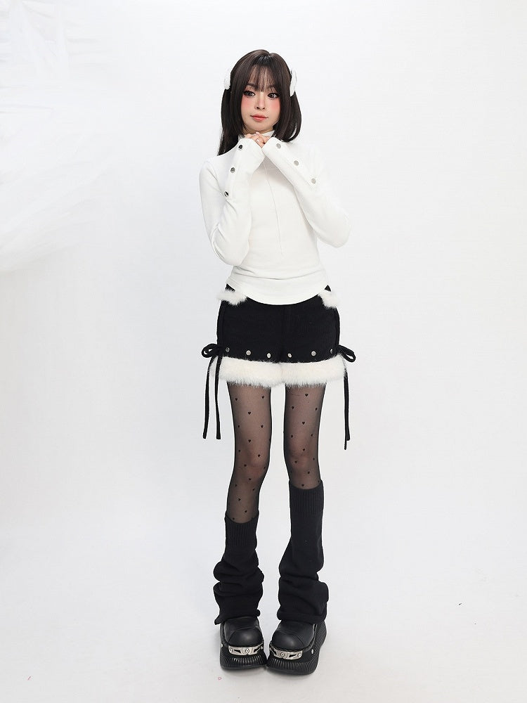 Neck Daily Sleeve Kawaii Studded with White Mock Long Design Top Accents