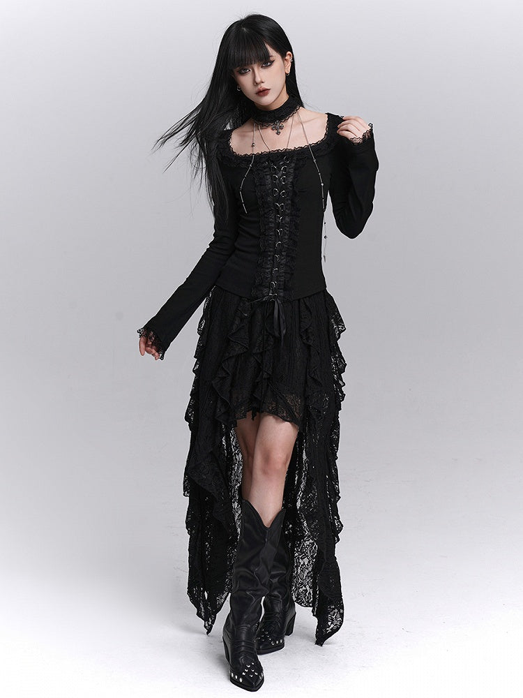Crisscross Choker Black Gothic Trim with Lace-Up Top Lace Front Halloween Matching