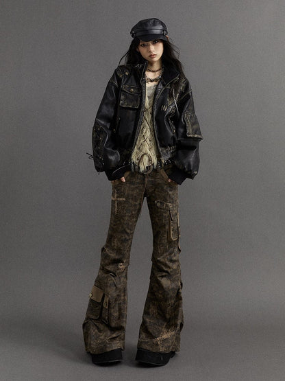 Dusty Grey Camo – Niedrig taillierte Cargohose im Distressed-Look mit ausgestelltem Bein