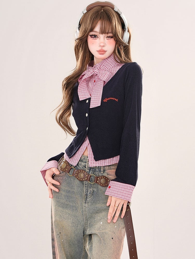 Grey/Navy Blue Plaid Patchwork Faux Two-piece Cardigan