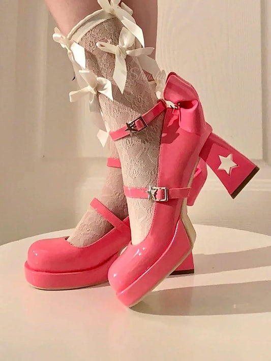 Mond und Himmelsrücken Y2K Cut-Out Schnallen Stil Stern mit Plattform - Heels Rose Bow Red