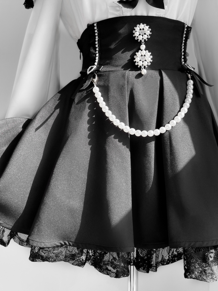 Kei Jirai Black High Waist Lace Skirt with Beaded Chain Round Rhinestone Trim