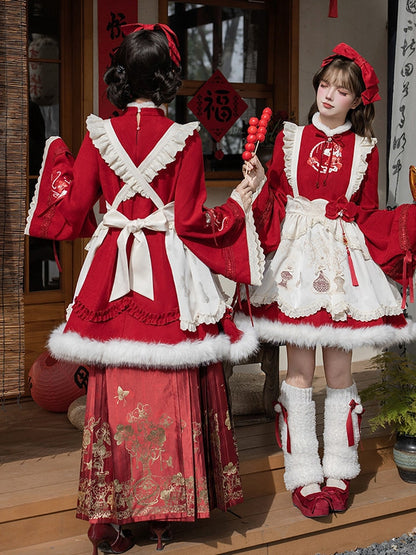 Horse-face Pins + Red Leg Bow Embroidery Warmers Apron OP Han KC Skirt Floral Brooch Lolita