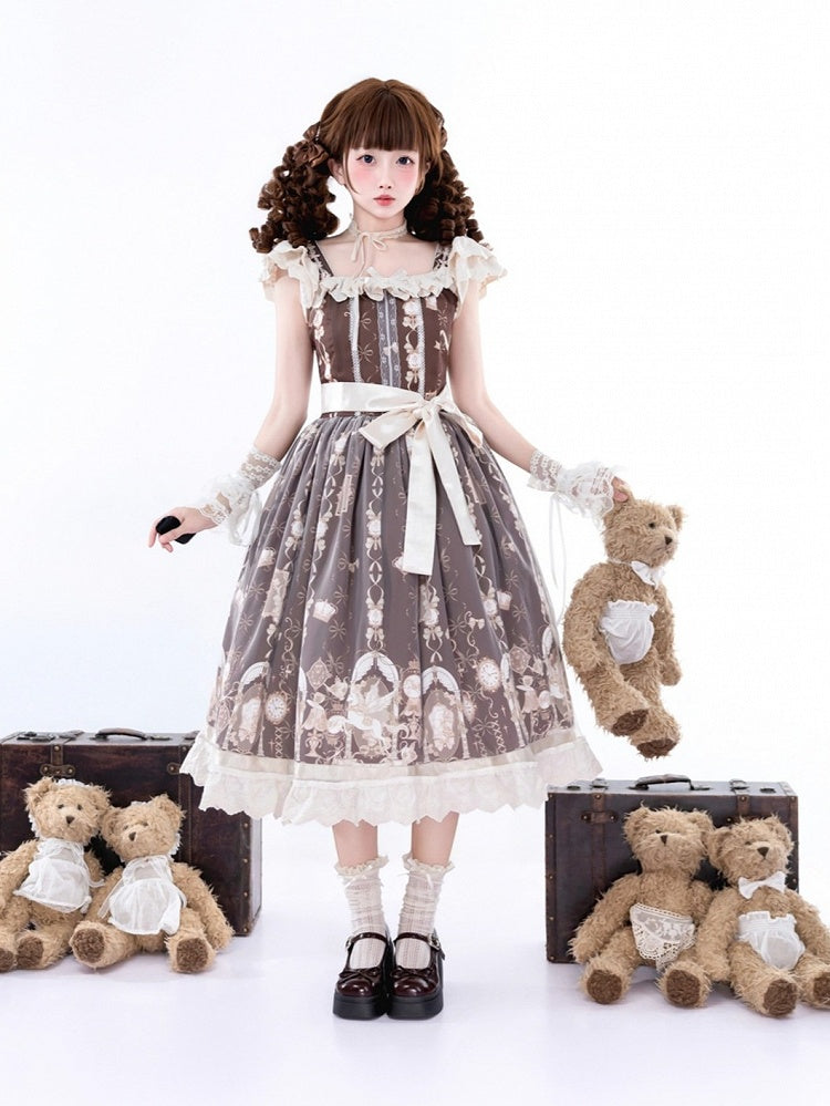 Brown Angel Unicorn Lolita JSK Dress with Floral Print and Ruffle Trim - Qian Mu