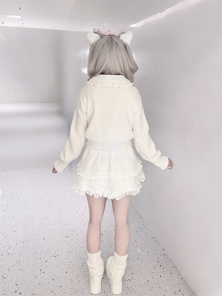 Rhinestone Pink White Jirai Square Button Cardigan with Knit Bows Front Kei