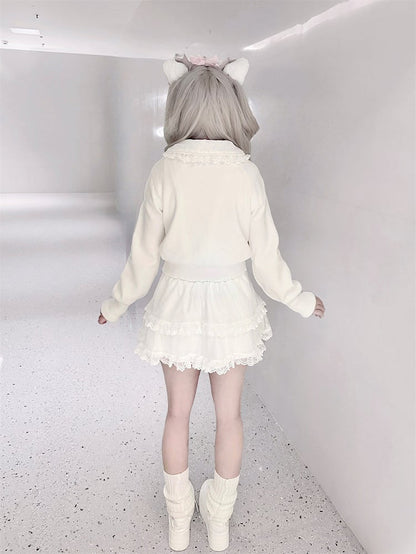 Rhinestone Pink White Jirai Square Button Cardigan with Knit Bows Front Kei