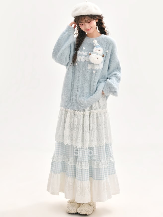 Blue and White High-Waisted Lace Patchwork Plaid Mori Kei Skirt