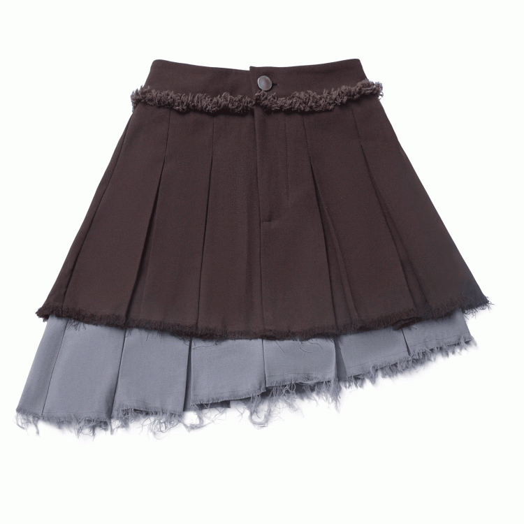 Rock mit ausgefranstem Saum, gestuft, grau, asymmetrisches Design und Colorblock, braun