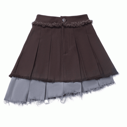 Rock mit ausgefranstem Saum, gestuft, grau, asymmetrisches Design und Colorblock, braun