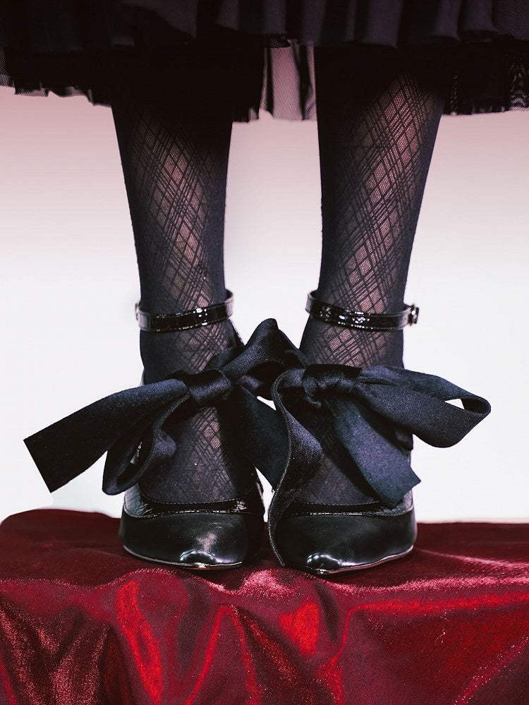 Heels Black Accent Knotted Toe Pointed High Bow Gothic with