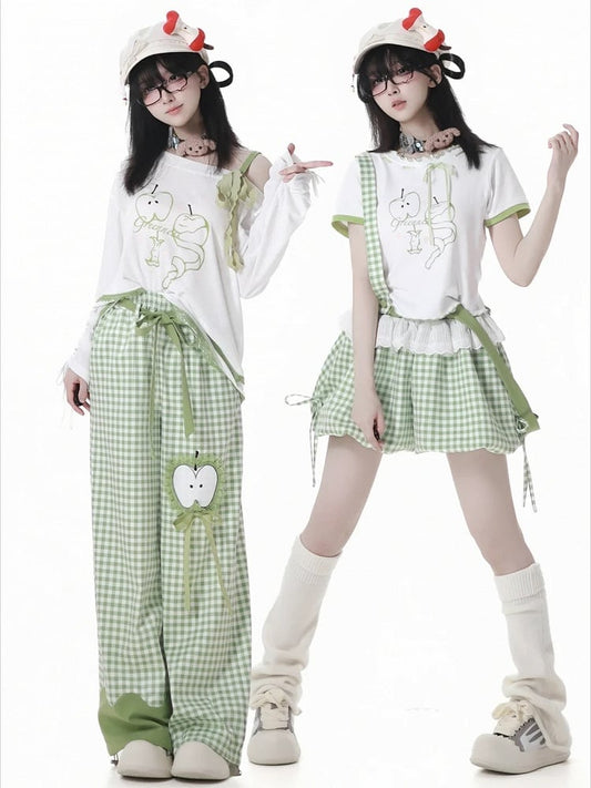 Bubble Shorts Grün Plaid Overalls Abnehmbare Träger Schulter