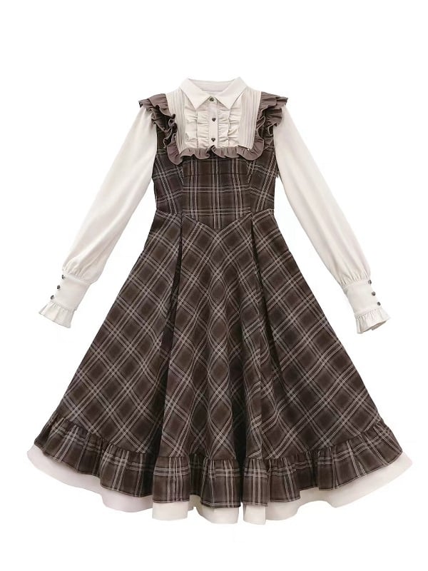 Brown Fake Long Belt Sleeves Dress with Two-pieces Plaid Waist