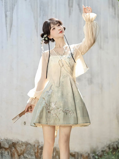 Sheer Top Set with Light Green Sleeveless Dress, Floral and Bird Embroidery, Modern Chinese Style - Han Ru Chu Hanfu &amp; Han-Element Studi