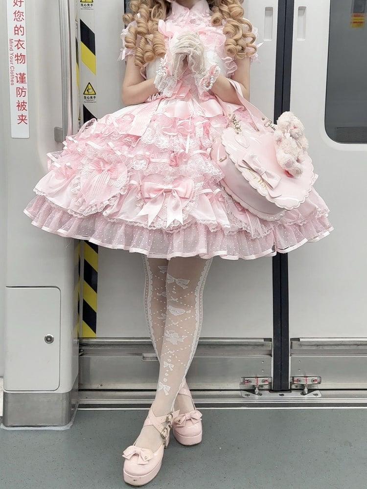 Prinzessinnenrock Hanayome Rosa Pulloverkleid Dekoration Lagen Lolita Weiß Herzförmig und Schleifen