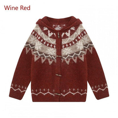 Button Drawstring Pattern Sweater - Toggle Retro Vintage Hood Accents