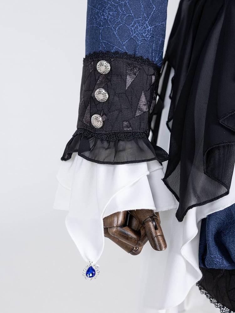 Set Weiß Dark Gothic Ärmel Drei Lolita Shorts Shirt Prince Coat + Lange Ouji Stücke Blau