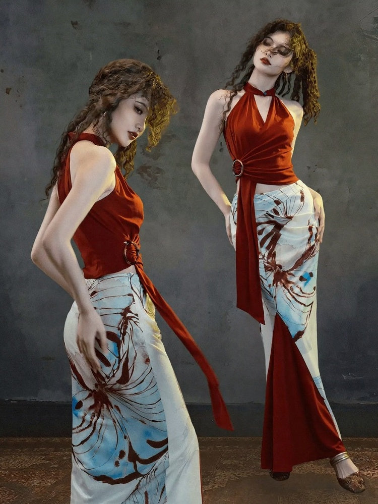 Wine Red V Neck Sleeveless Halter Knit Top Design - sijinstudio