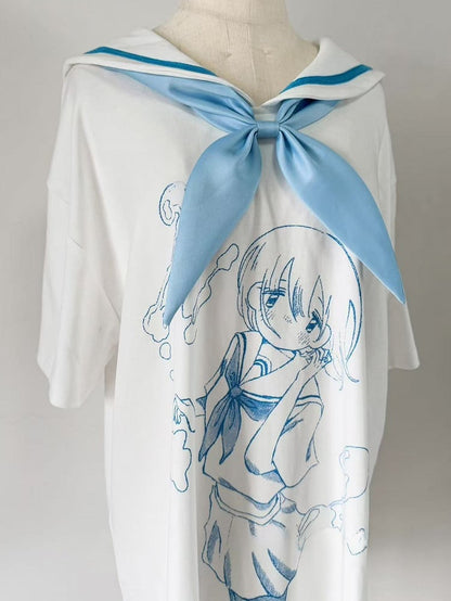 With Tenshi Bow Cartoon Tie T-shirt Collar Blue Sailor WhiteBlue Kaiwai Print