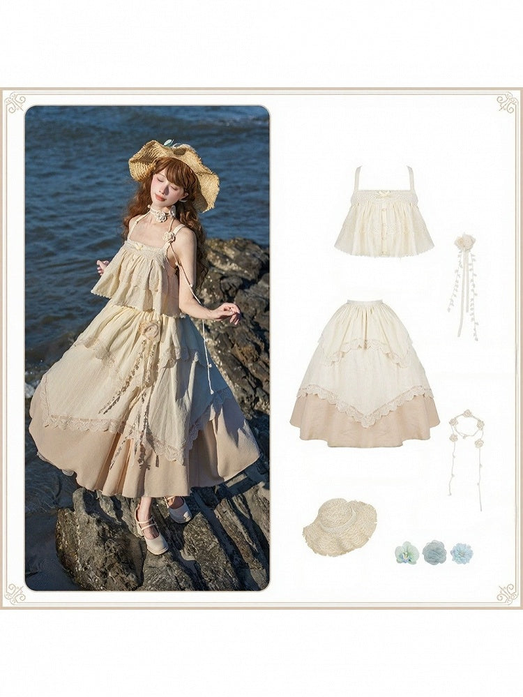 Beige Lace Top & Skirt Set with Brooch & Hat - With PUJI