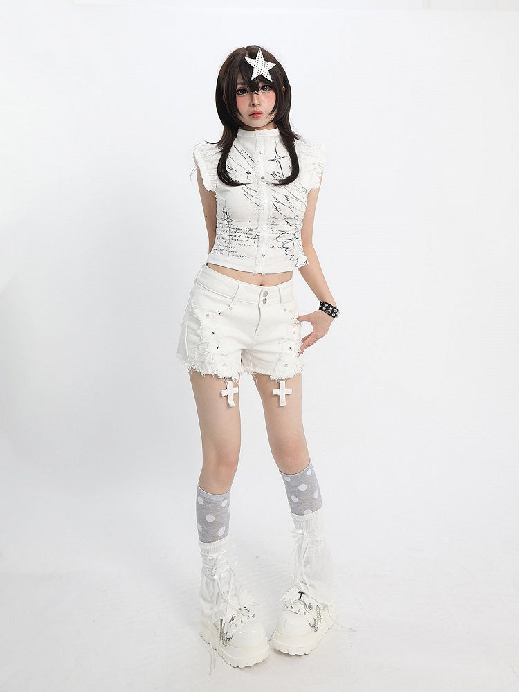 Sweet Kawaii White Distressed Shorts with Rivet and Cross Decor - Catwish