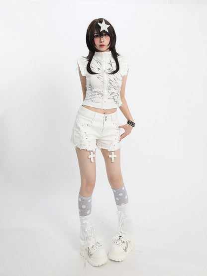 Sweet Kawaii White Distressed Shorts with Rivet and Cross Decor - Catwish