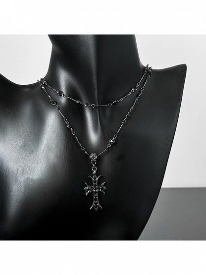 Black Cross Pendant Necklace with Beads - YSHXS