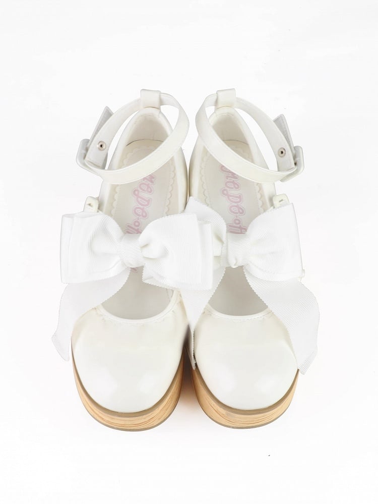 PU Bow Lolita Leather White - Platform in Shoes Detachable with
