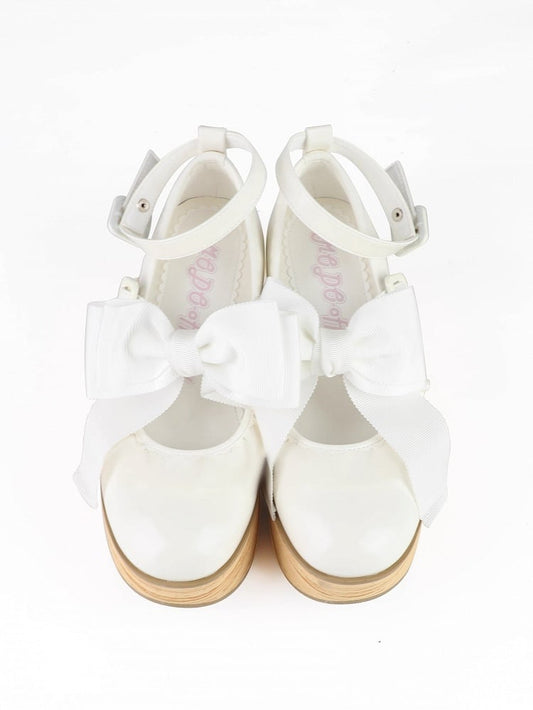 PU Bow Lolita Leather White - Platform in Shoes Detachable with