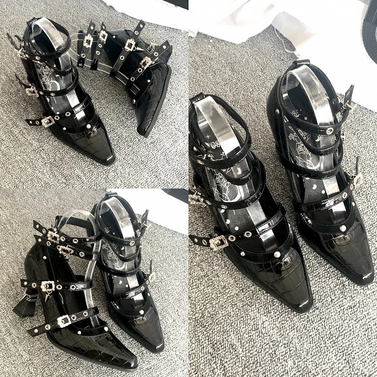 in Schnalle Leder Faux Poliert 8,5 cm Gothic Heel Hohe Krokodil Mehrere Heels Riemen mit Schwarz