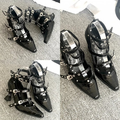 in Schnalle Leder Faux Poliert 8,5 cm Gothic Heel Hohe Krokodil Mehrere Heels Riemen mit Schwarz