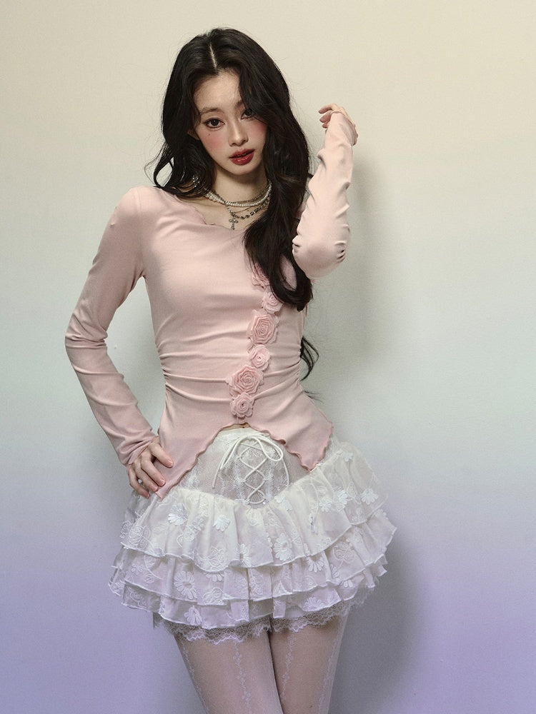 Gestricktes Detail Halsausschnitt Blumen verziert Cutout Top Rosa Rund Glamorous