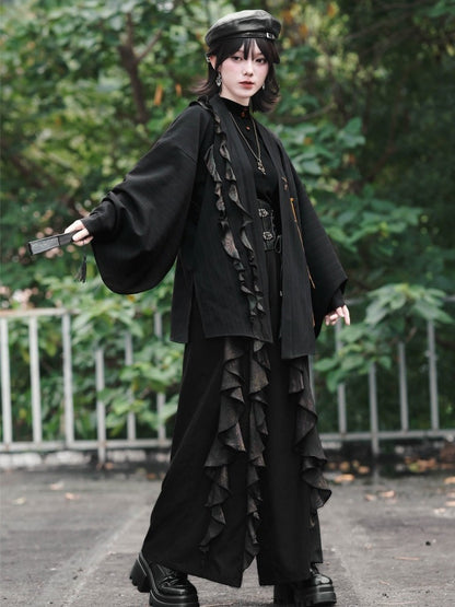 Gothic Black Pipa Sleeve Cardigan with Mandala Embroidery, Tassels and Ruffle Edging - Quirky Hut