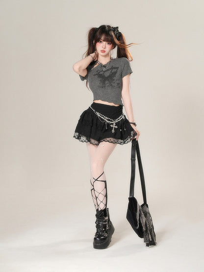 Letter Print Glamourous T-Shirt - Gray Bittersweet Crop Dark Butterfly