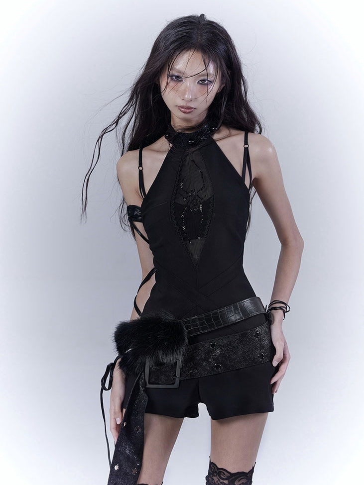 ベルト付きグラマラスブラックホルターネックスパイダーラインストーンジャンプスーツ（バックル付き）