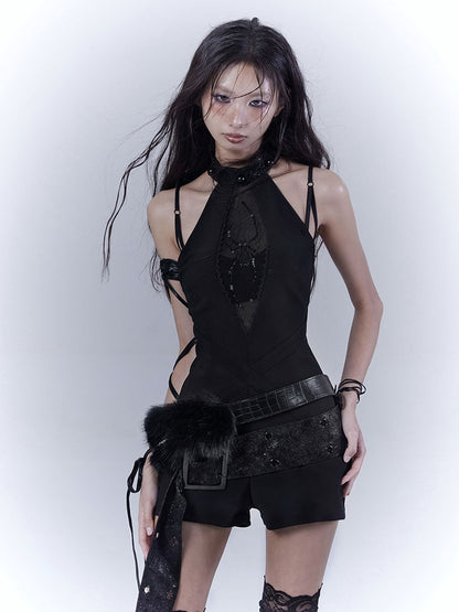 ベルト付きグラマラスブラックホルターネックスパイダーラインストーンジャンプスーツ（バックル付き）