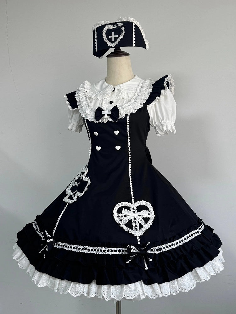 Beschnittenes Kleid mit Ausschnittträgern, schwarz, gewellt, flatternd, Lolita-Krankenschwester, Ösen-Schulter