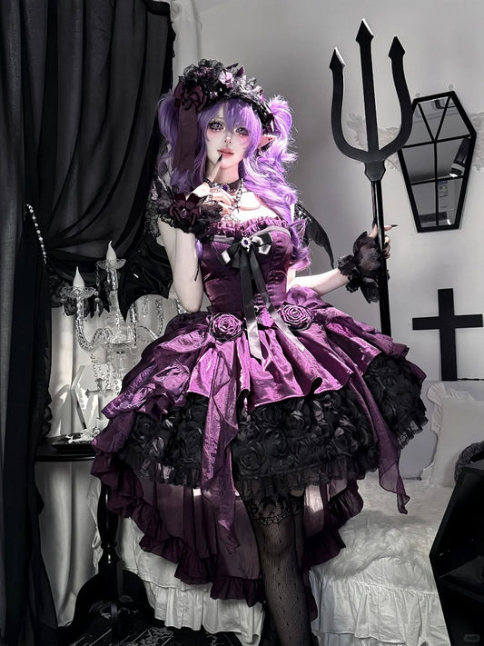 Purple Black Strapless Gothic Lolita Dress - Rose Bouquet Boned Corset