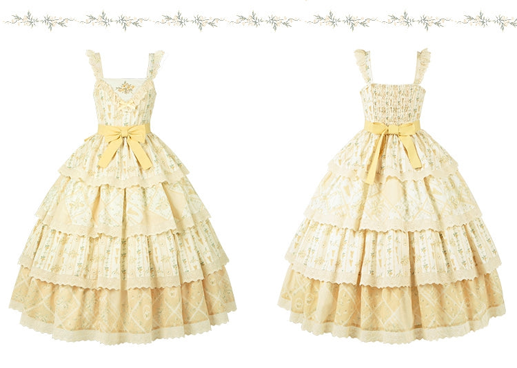 Lily and Cherry Print Yellow Natural Kei Lolita Tiered Dress - With PUJI