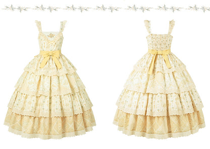 Lily and Cherry Print Yellow Natural Kei Lolita Tiered Dress - With PUJI