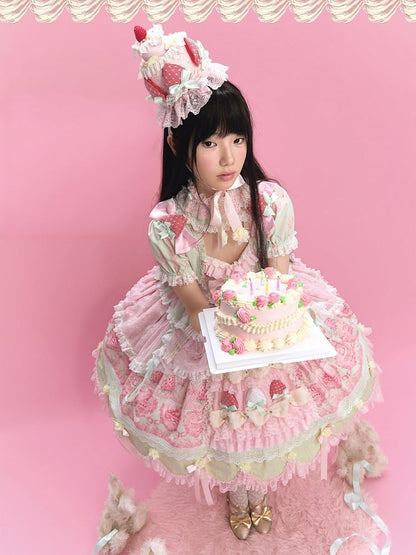 Green & Pink Strawberry Cake Print Bell Sleeve Lolita Dress - Ball Lolita