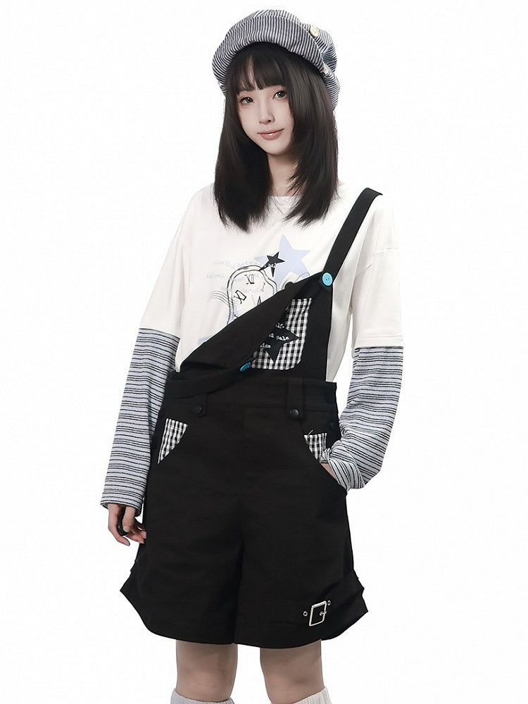 Daily Kawaii Black Plaid Spliced Overall Shorts - PINK SAVIOR