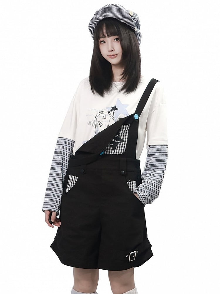 Daily Kawaii White Faux Two Piece Long Sleeve Tee with Graffiti Print & Striped Details - PINK SAVIOR