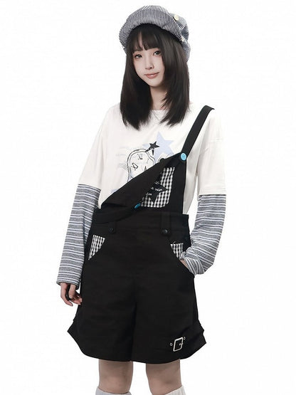 Daily Kawaii White Faux Two Piece Long Sleeve Tee with Graffiti Print & Striped Details - PINK SAVIOR