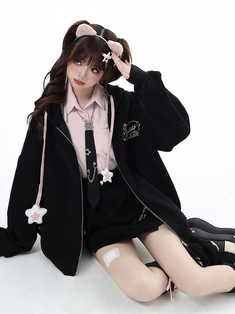 Black Hooded with and Charm Embroidered Jacket Star Drawstrings Chest Lettering