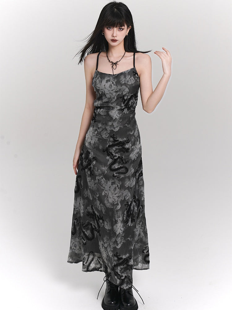 Black and Gray Dragon Print Backless/Covered-Back Slip Dress