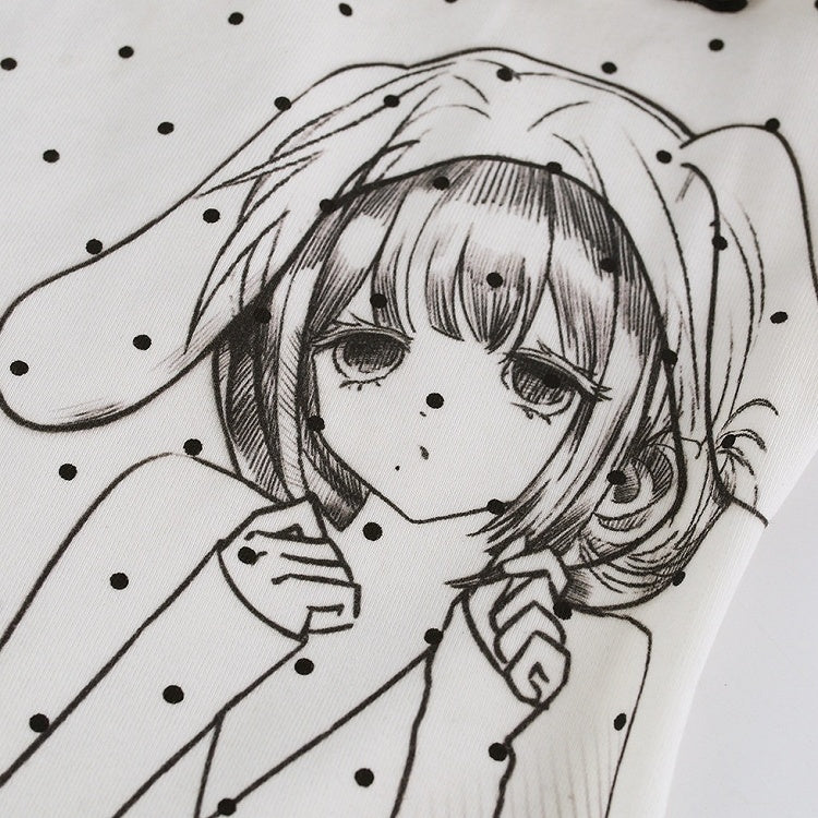 White Ruffle Asymmetric Polka Dot Top with Anime Print - serendipity