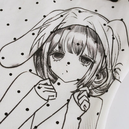 White Ruffle Asymmetric Polka Dot Top with Anime Print - serendipity